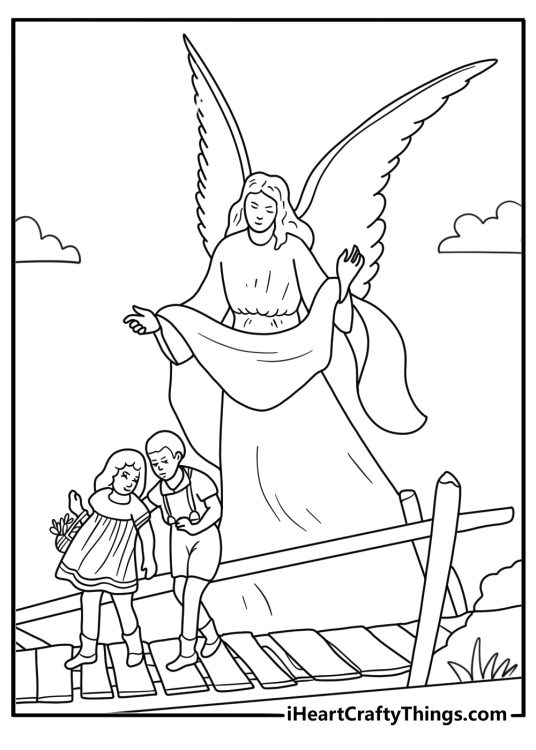 Angel guiding two children across a small bridge coloring page pdf
