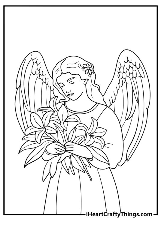 Angel holding a bouquet of lilies floral coloring sheet