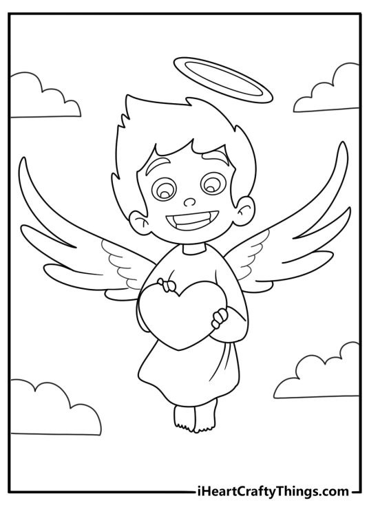 Angel holding a small heart sweet coloring page for kids