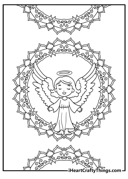 Angel in a mandala frame intricate coloring page for adults pdf