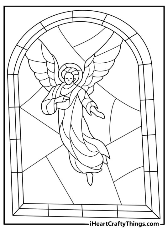 Angel in stained glass window style decorative coloring sheet