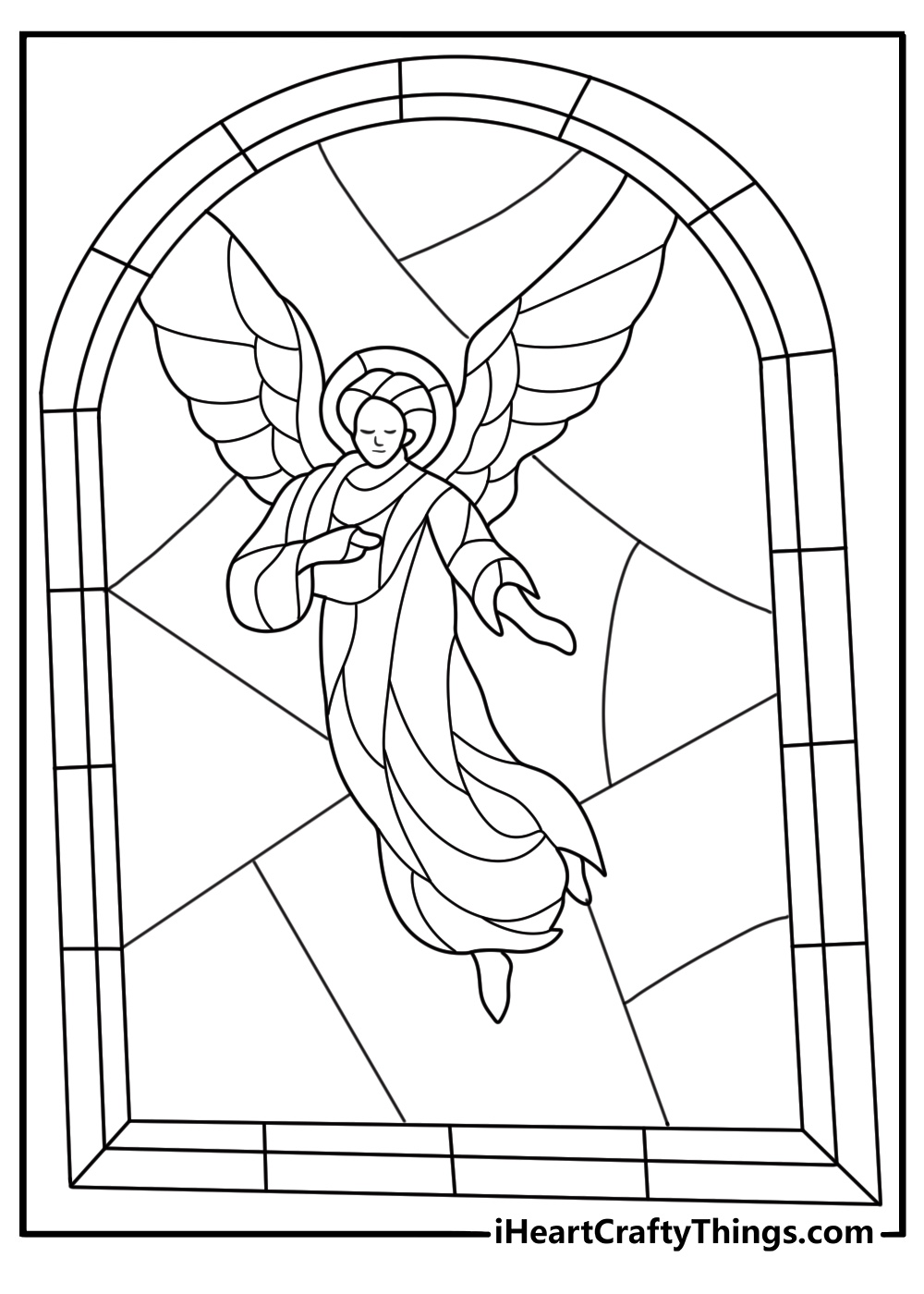 Angel in stained glass window style decorative coloring sheet