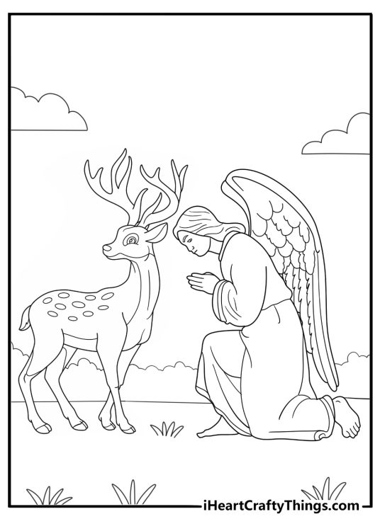 Angel kneeling beside a forest deer gentle coloring sheet