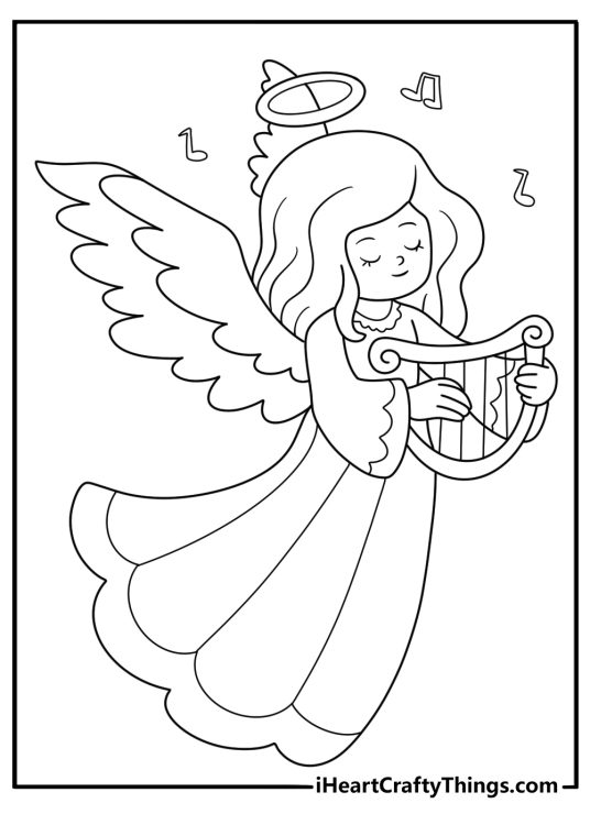 Angel playing a harp easy coloring sheet for kids