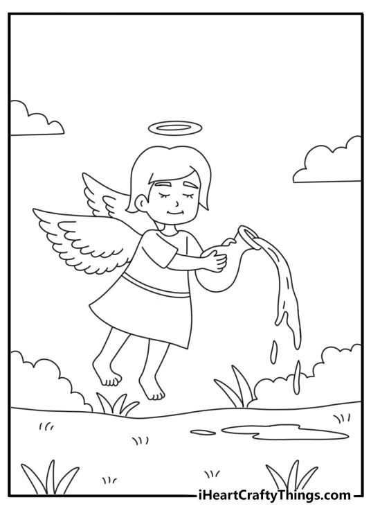 Angel pouring water from a jug by a stream coloring page