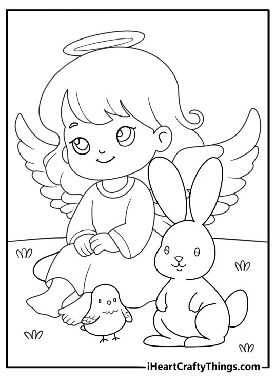Angel protecting woodland animals rabbit and bird printable sheet