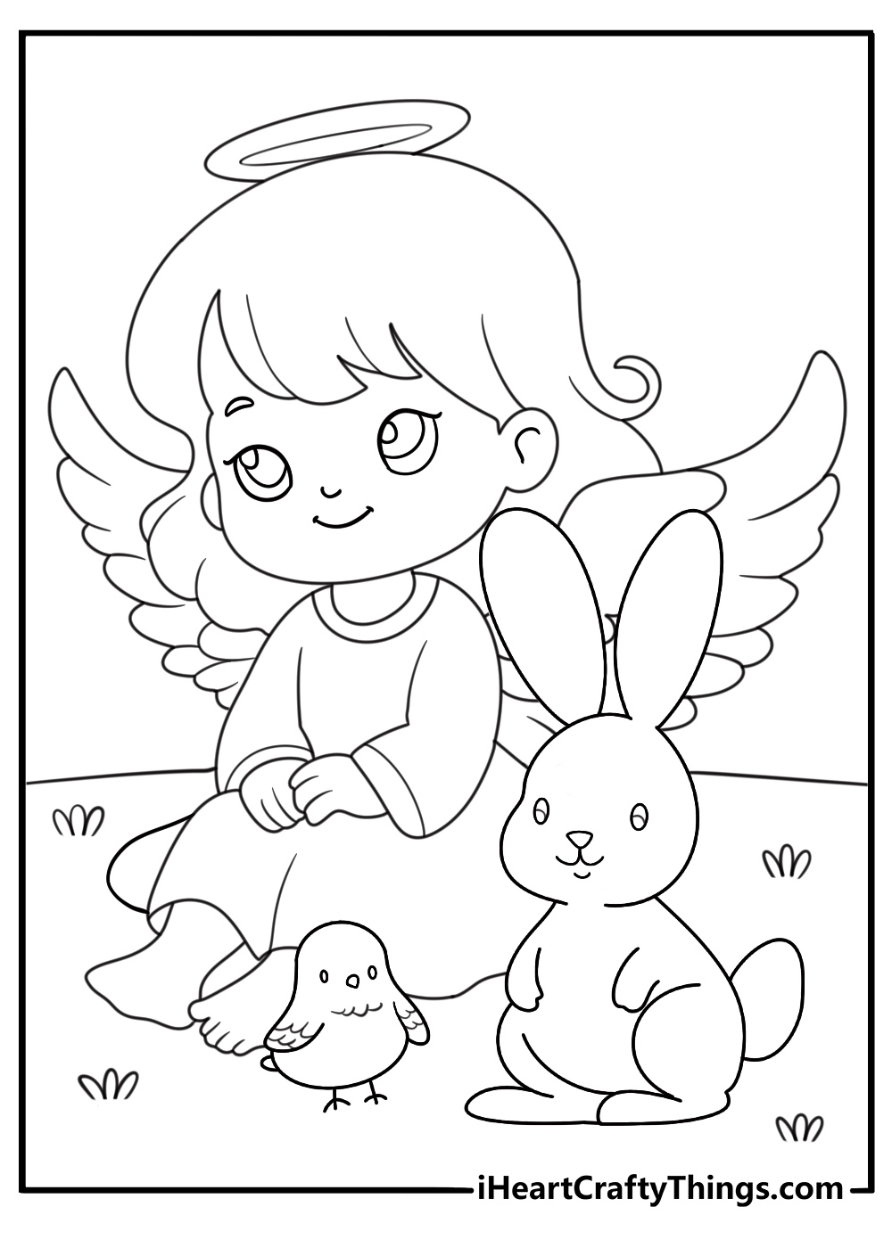 Angel protecting woodland animals rabbit and bird printable sheet
