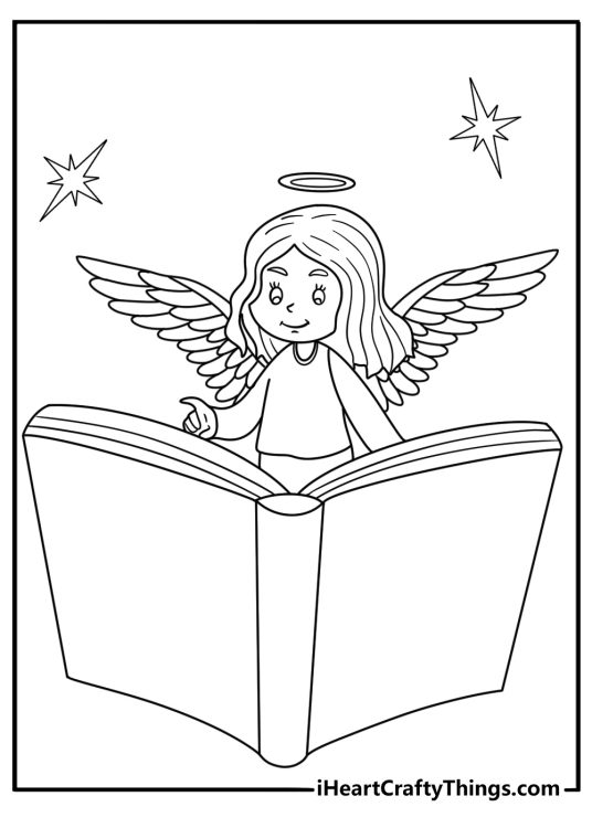 Angel reading a big book printable coloring sheet pdf