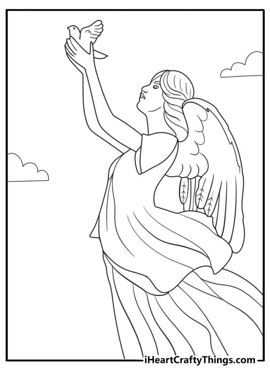 Angel releasing a white dove peaceful printable coloring page