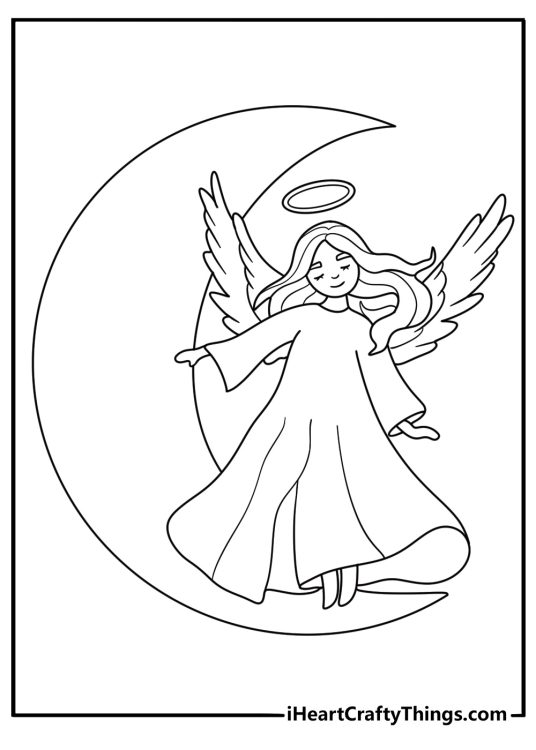 Angel standing on a crescent moon printable coloring page