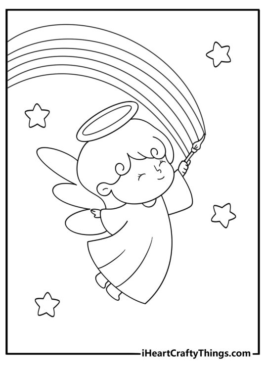 Angel tracing a rainbow with a paintbrush fun coloring page