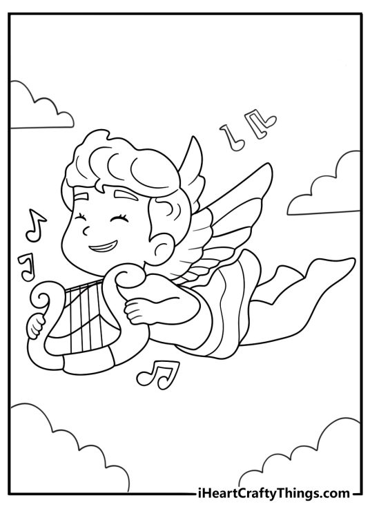 Angel with a lyre music notes floating printable coloring page