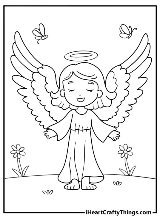 Angel with butterflies around her wings cute coloring page for kids