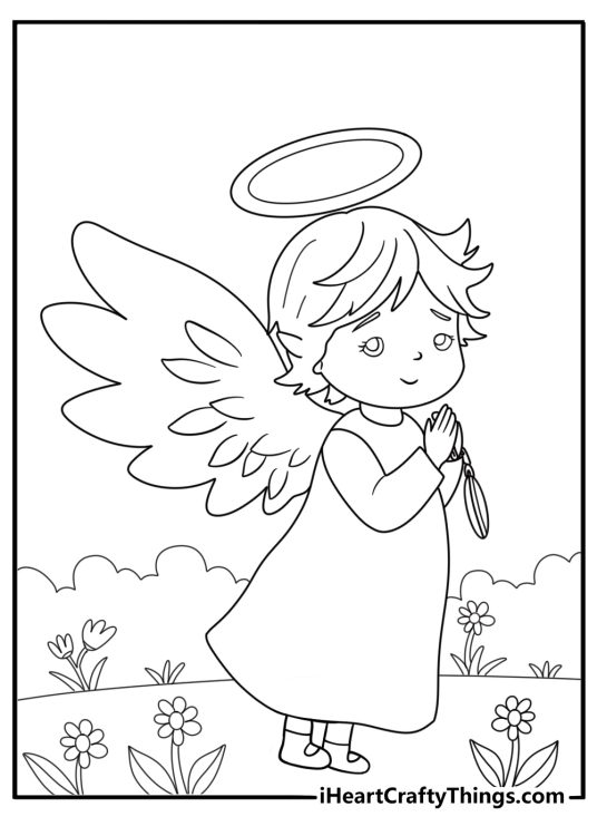 Angel with folded cloak standing among tall flowers coloring sheet