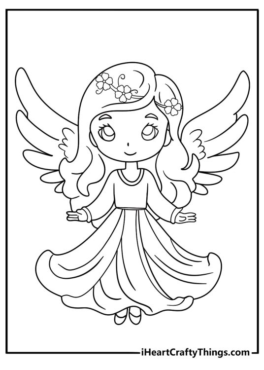 Angel with long flowing hair detailed coloring page for adults