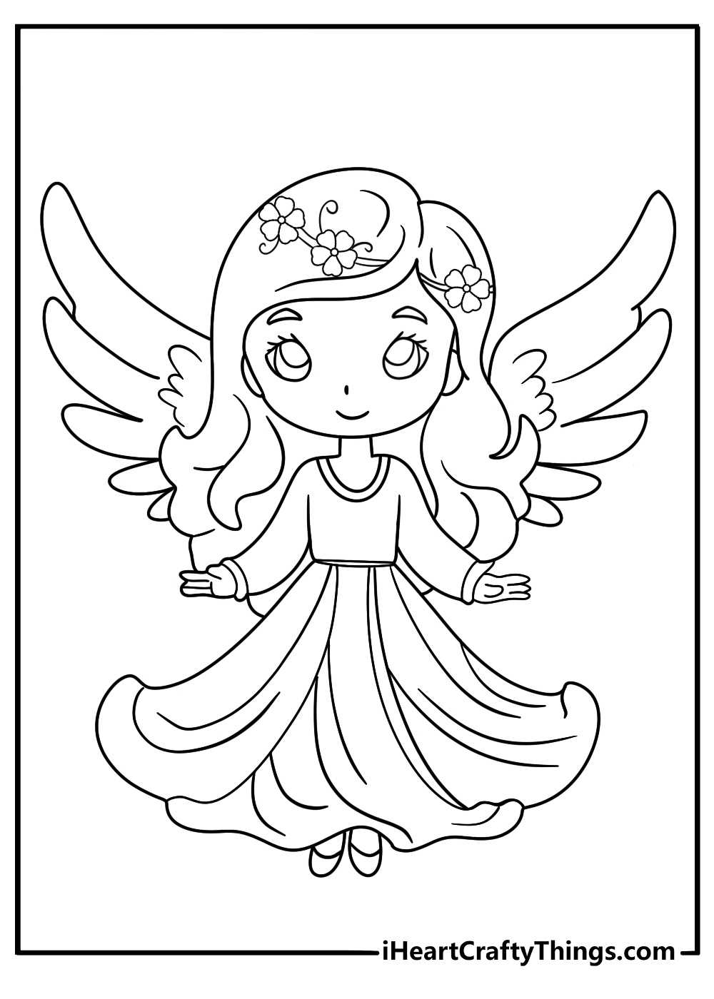 Angel with long flowing hair detailed coloring page for adults