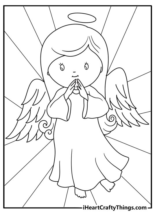 Angel with sun rays behind her simple coloring page to download