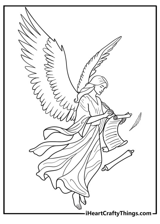 Angel writing on a scroll with a feather quill coloring page