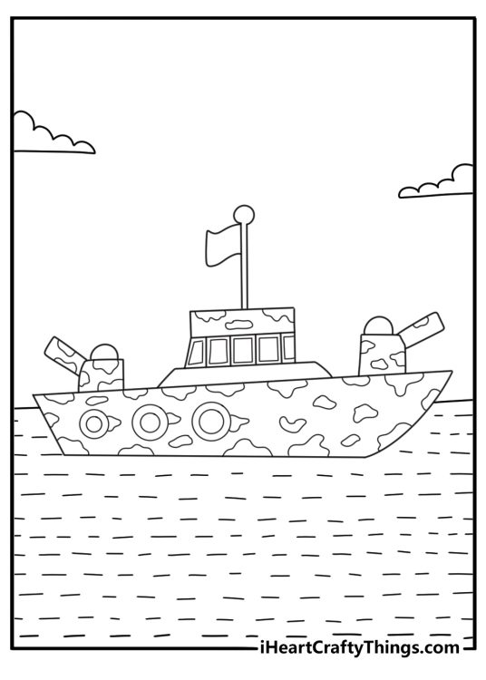 Army boat coloring page with camouflage pattern and gear boxes