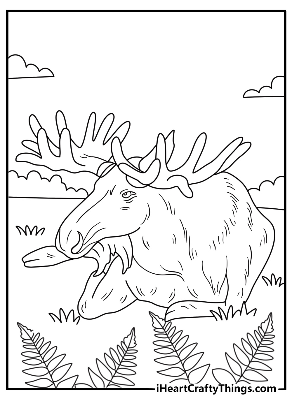 Autumn ferns surround a resting moose in this seasonal coloring page