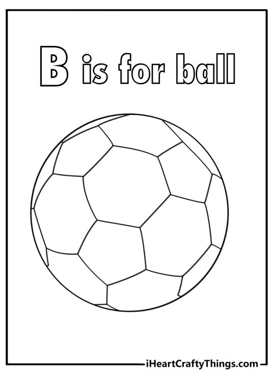 B is for ball coloring page with soccer ball and simple grass field