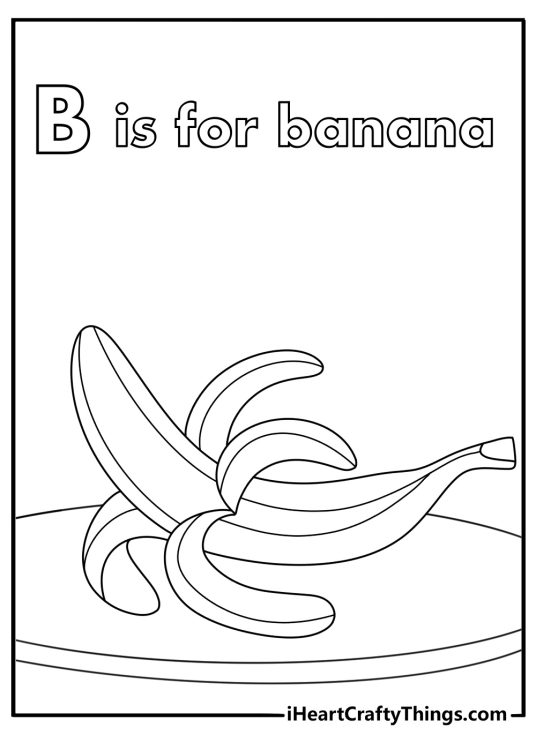 B is for banana coloring page with peeled banana on plate