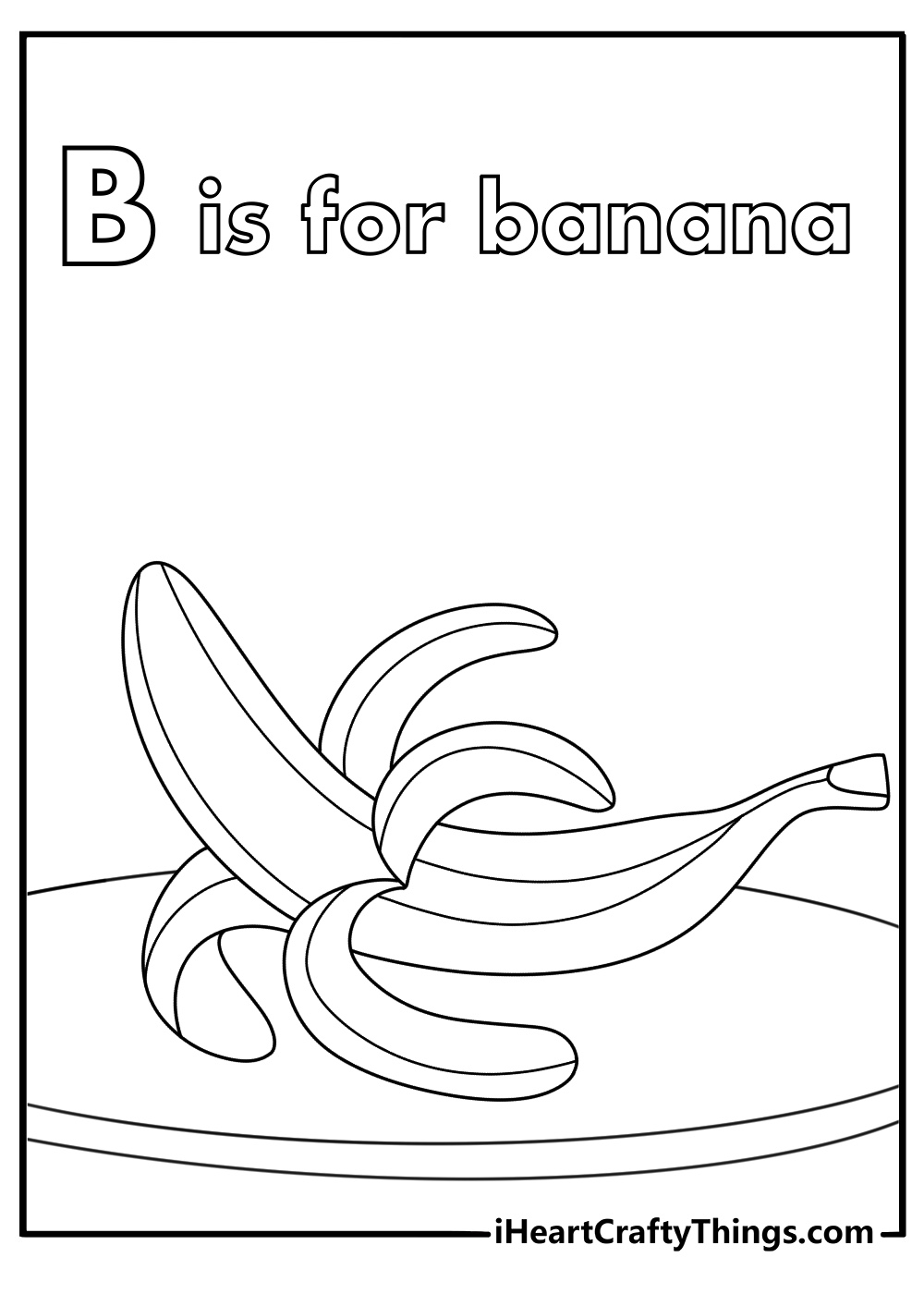 B is for banana coloring page with peeled banana on plate