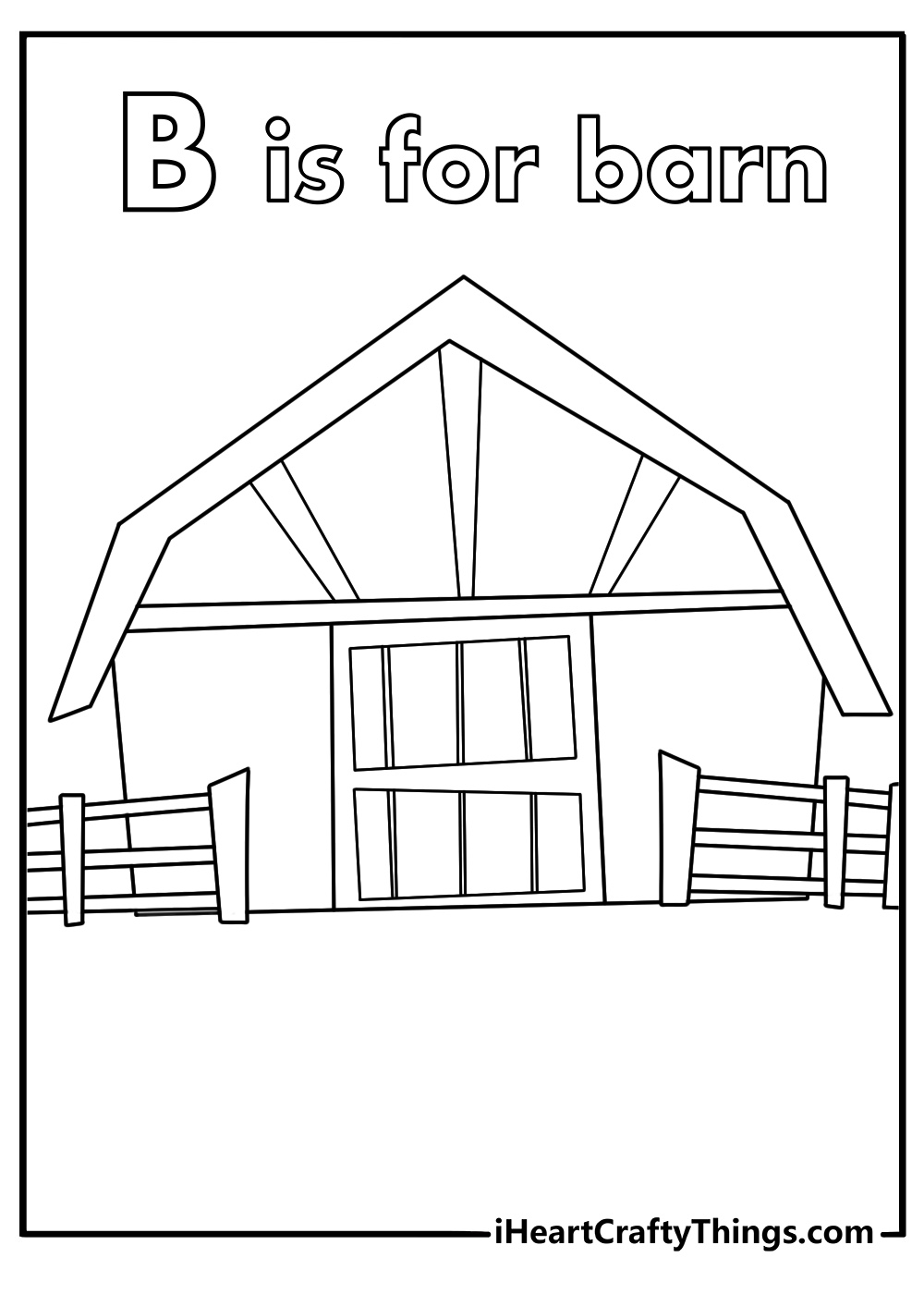 B is for barn coloring page with wooden barn and fence