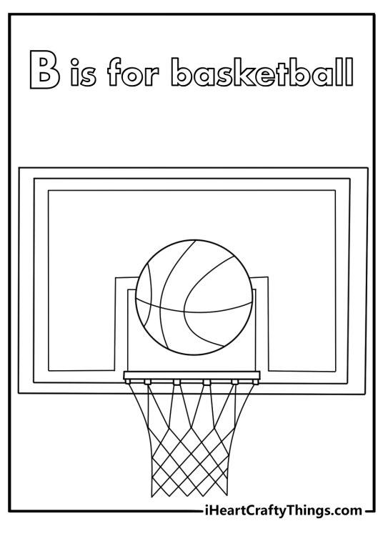 B is for basketball coloring page with hoop and court lines