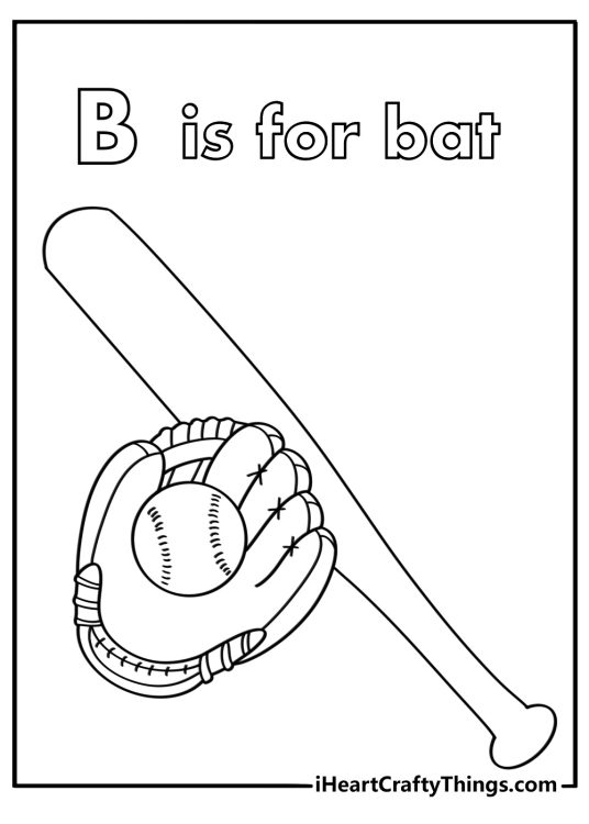 B is for bat coloring page with baseball bat and glove