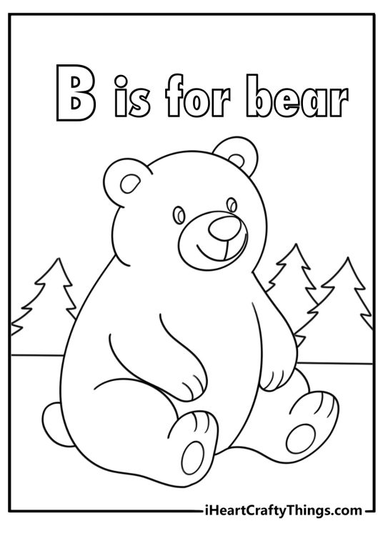 B is for bear coloring page showing forest bear near pine tree