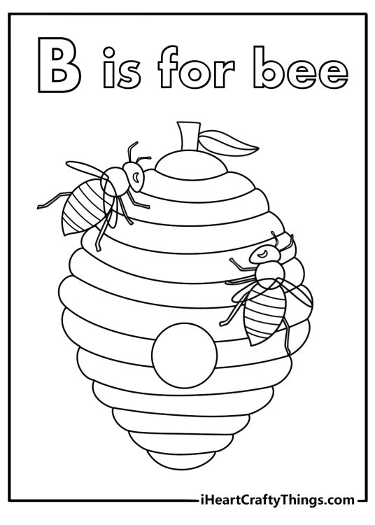 B is for bee coloring page with striped bee near hive
