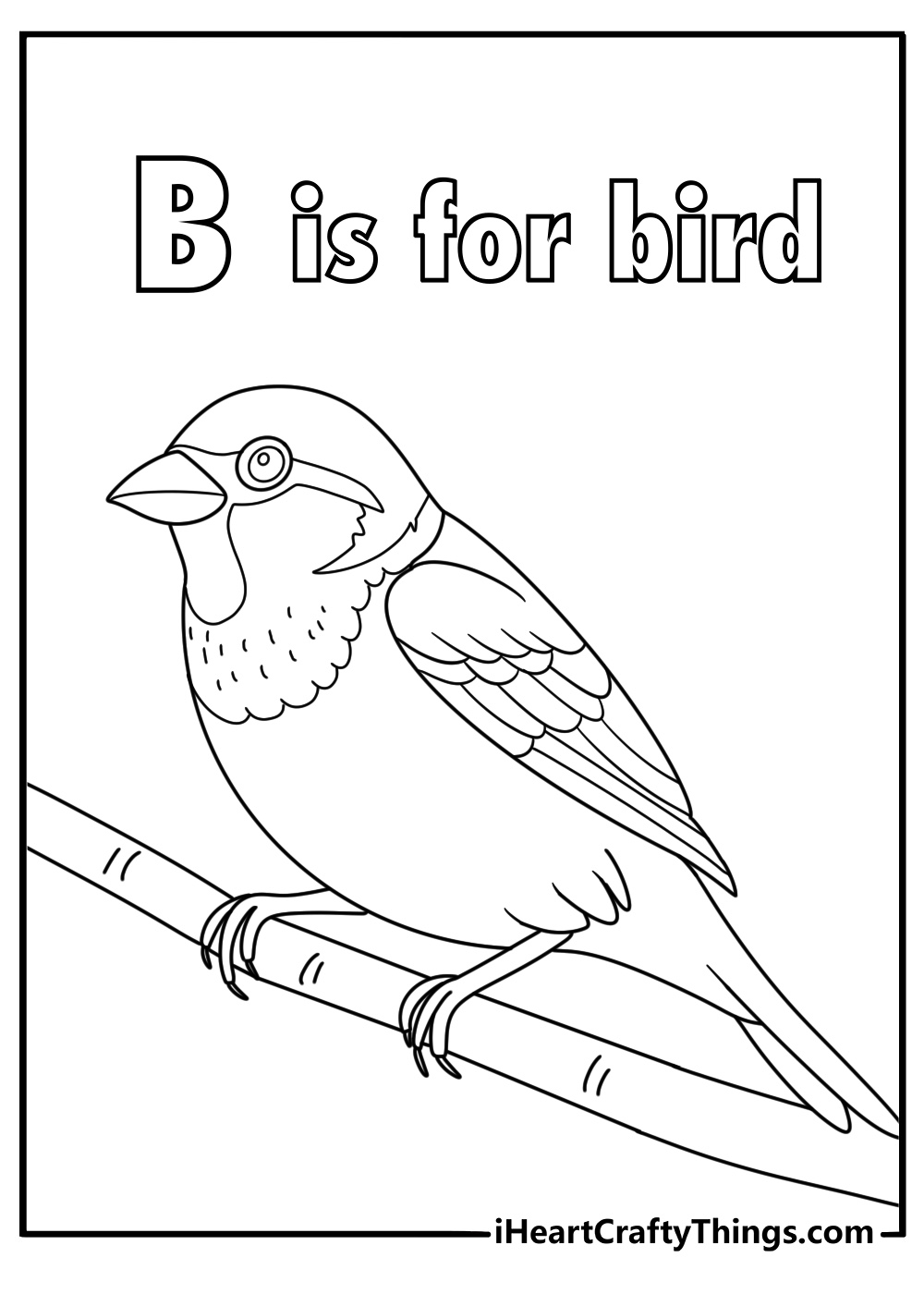 B is for bird coloring sheet with perched sparrow on branch