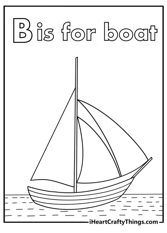 B is for boat coloring sheet with small sailboat on calm water