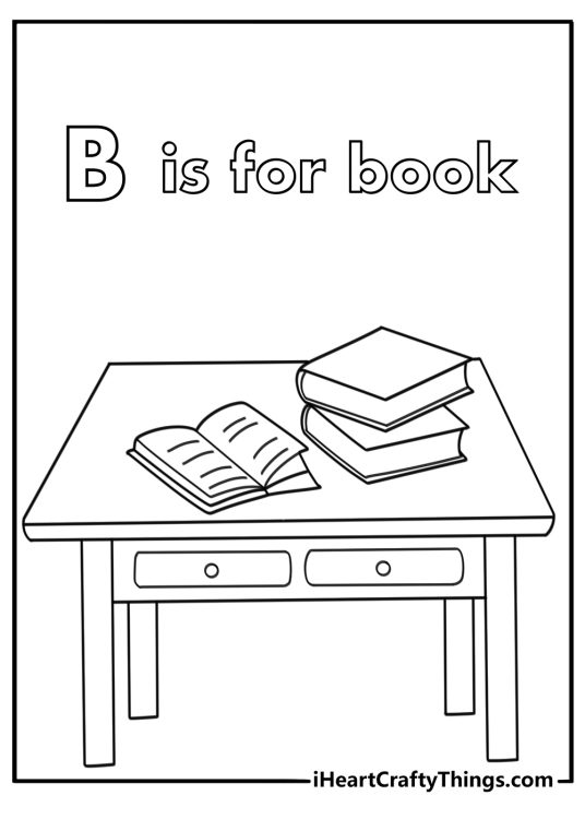 B is for book coloring sheet with open storybook on desk