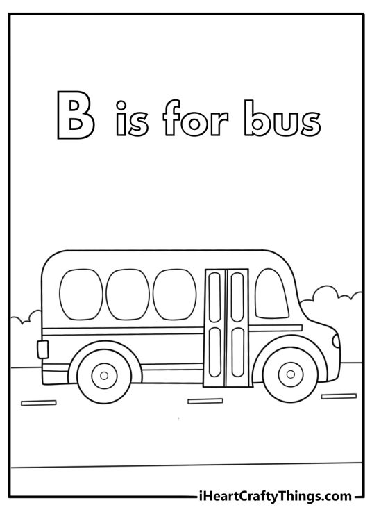 B is for bus coloring page with school bus on road