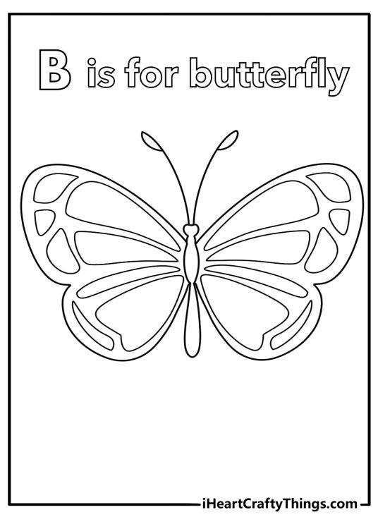 B is for butterfly printable coloring page with large wing patterns