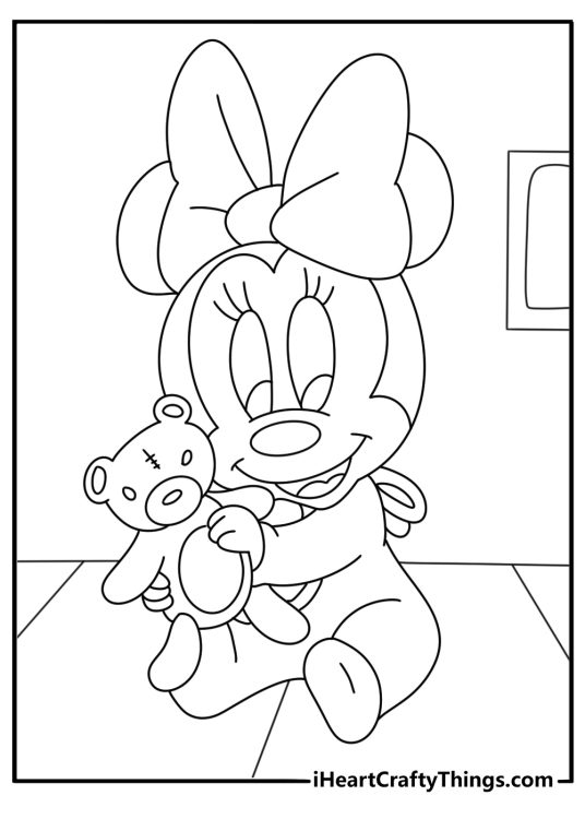 Baby Minnie Mouse coloring page sitting with teddy bear