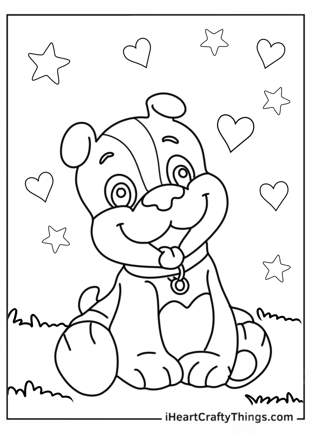 Printable coloring page for pre-schoolers of a happy baby Rubble from Paw Patrol sitting on the grass