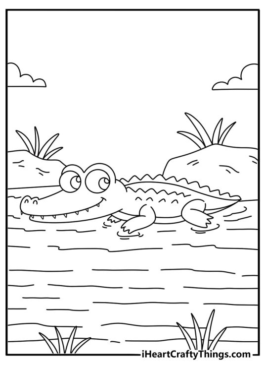 Baby alligator coloring page with a small gator walking through shallow water
