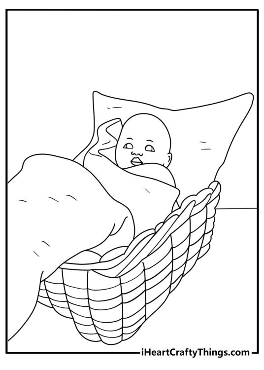 Baby doll in cradle with small blanket easy printable coloring page