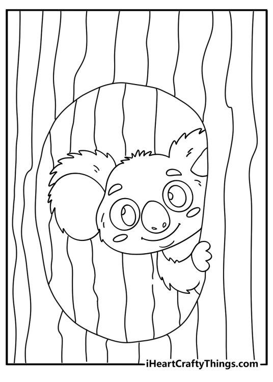 Baby koala coloring page with tiny joey peeking from tree hollow