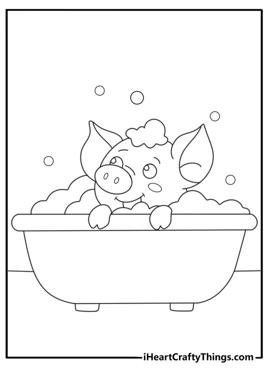 Baby pig taking bubble bath in tub cute coloring sheet