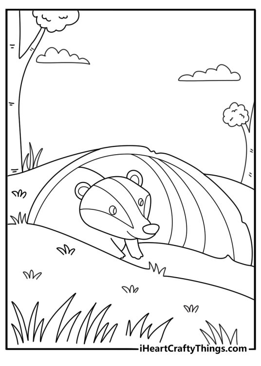 Badger at burrow entrance simple forest coloring page