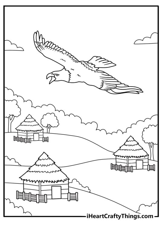 Bald Eagle coloring printable with an eagle flying over a forest valley