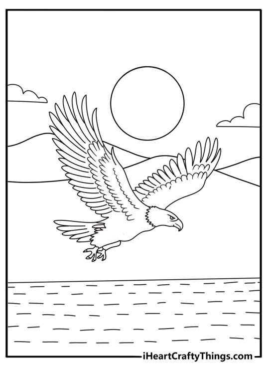 Bald Eagle coloring sheet with an eagle flying over a lake at sunrise