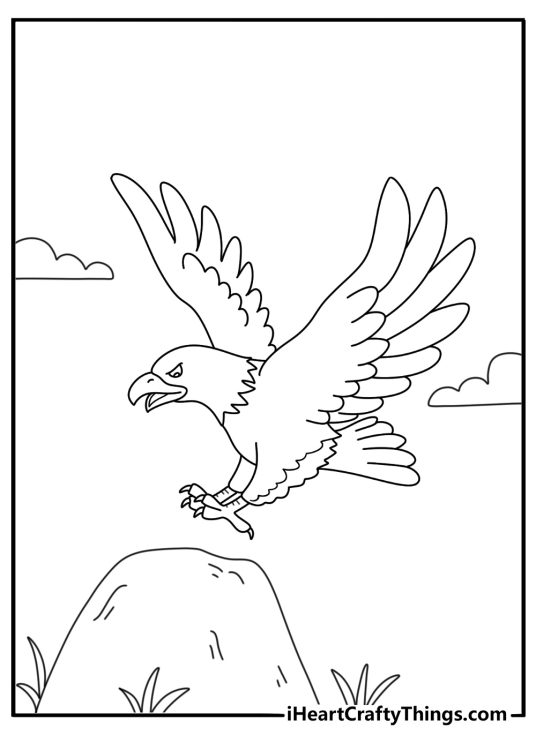 Bald Eagle coloring sheet with an eagle landing near a rocky shore