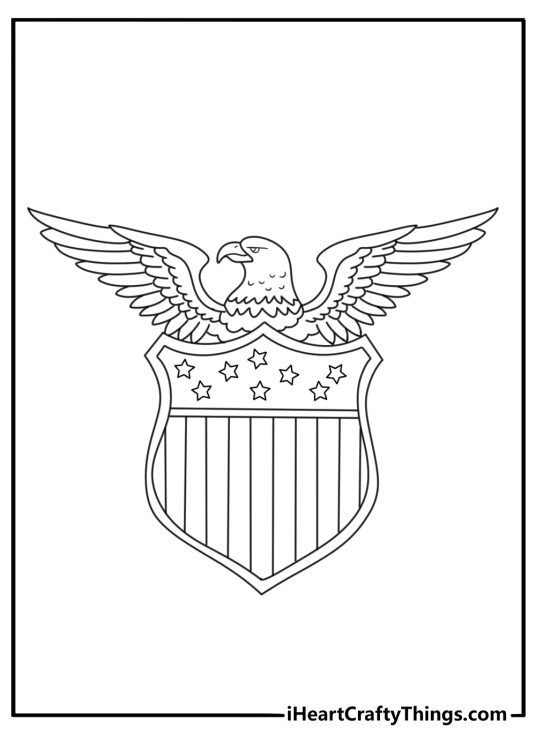 Bald eagle coloring page for kids with an eagle on a national shield