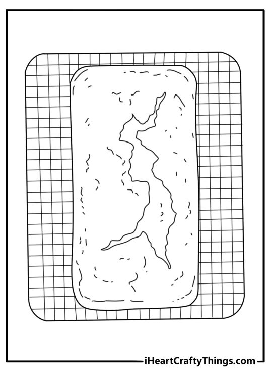 Banana bread coloring page with a loaf on a cooling rack
