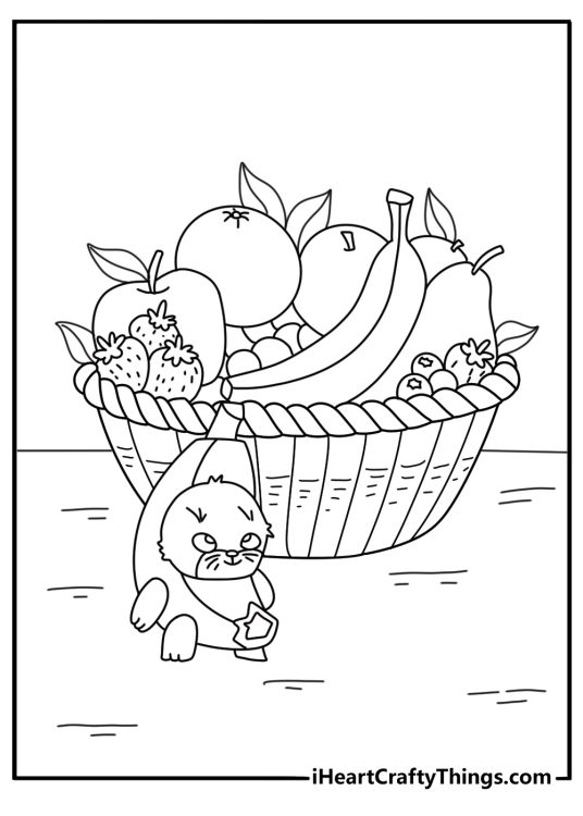 Banana cat coloring page printable with a playful cat near a fruit basket